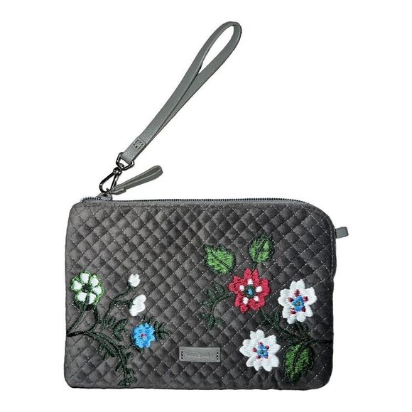 Vera Bradley Wolf Gray Iconic RFID Wristlet Embroidered Floral Velvet NWT - Picture 1 of 4